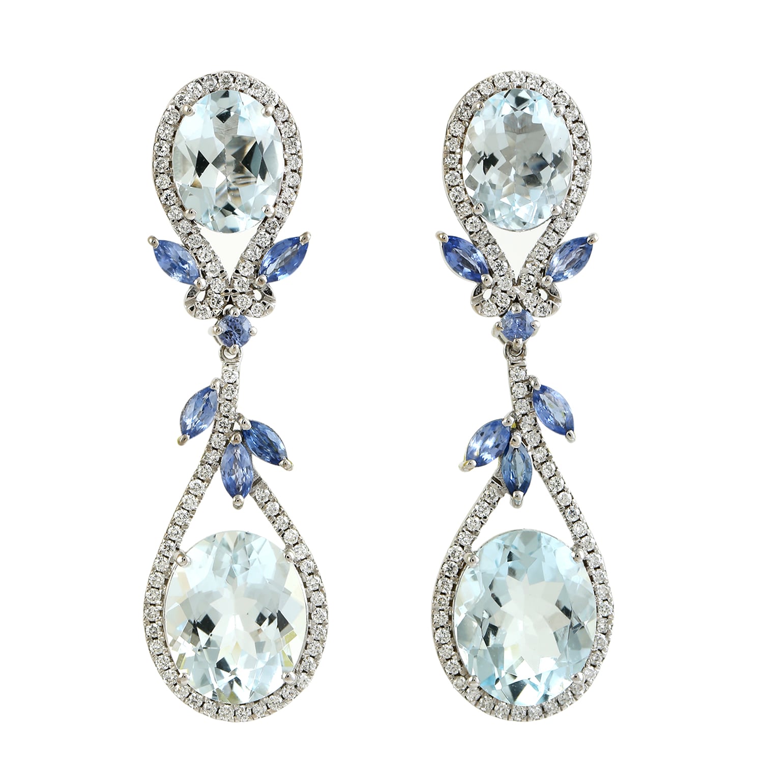 Aquamarine & Blue Sapphire Pave Diamond Dangle Earrings In White Gold