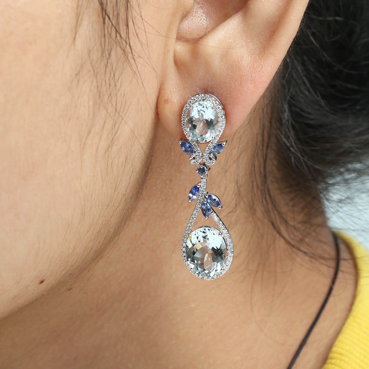 Aquamarine & Blue Sapphire Pave Diamond Dangle Earrings In White Gold