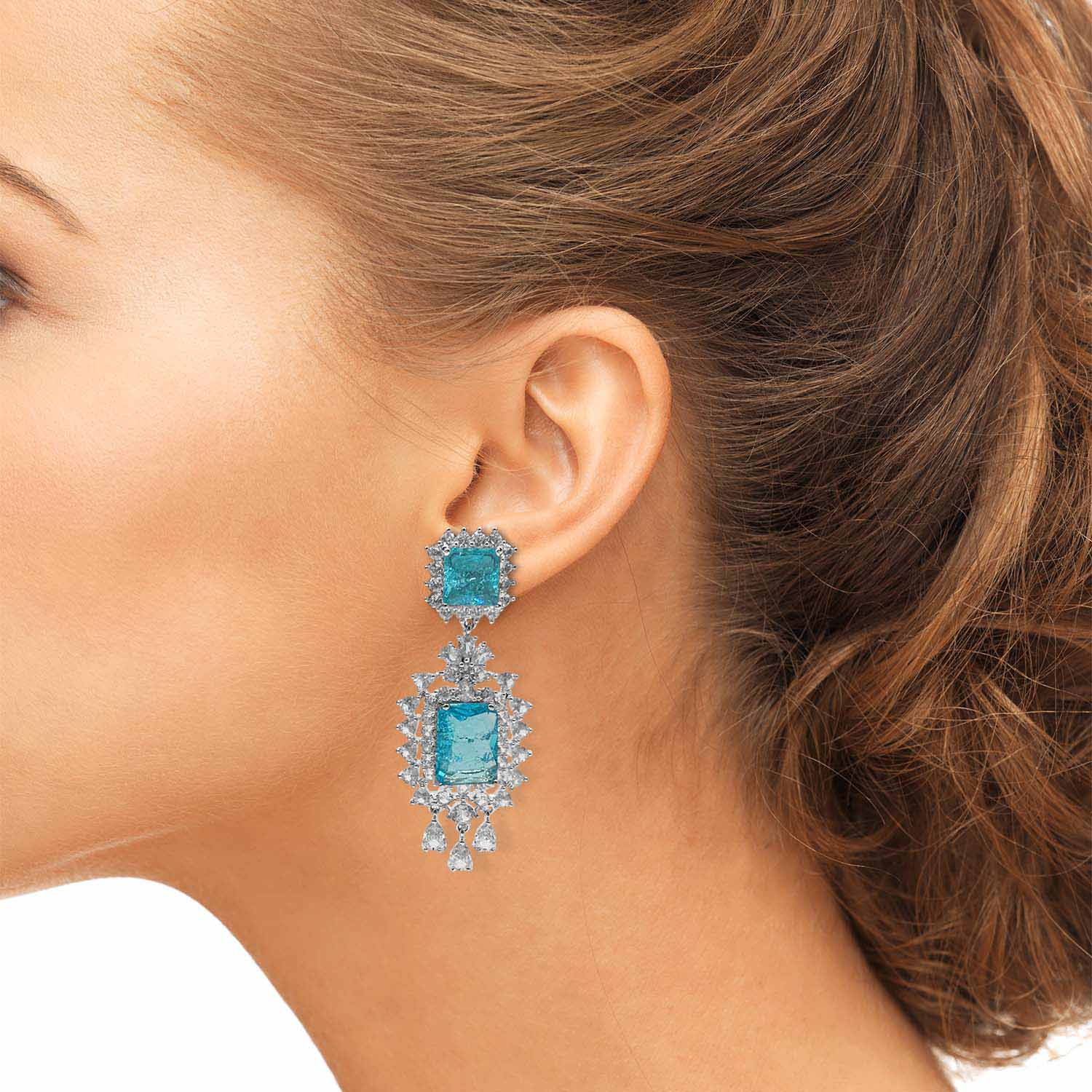Aquamarine Crystal Clip On Earrings In Rhodium Plated Brass