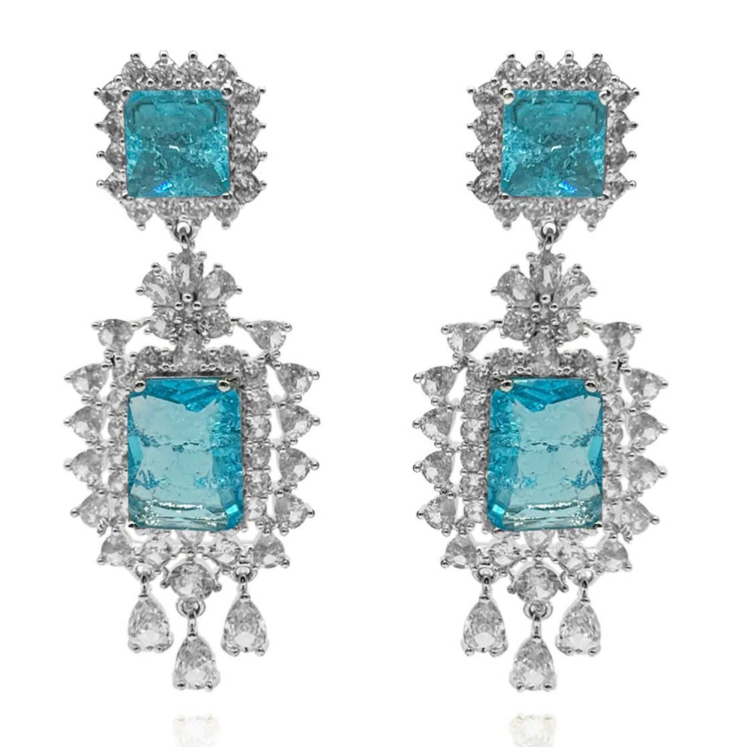 Aquamarine Crystal Clip On Earrings In Rhodium Plated Brass