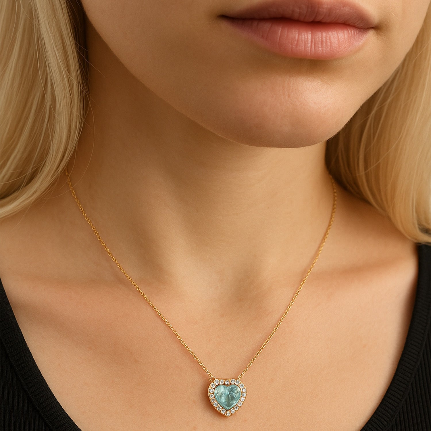 Aquamarine Diamond Heart Pendant Necklace