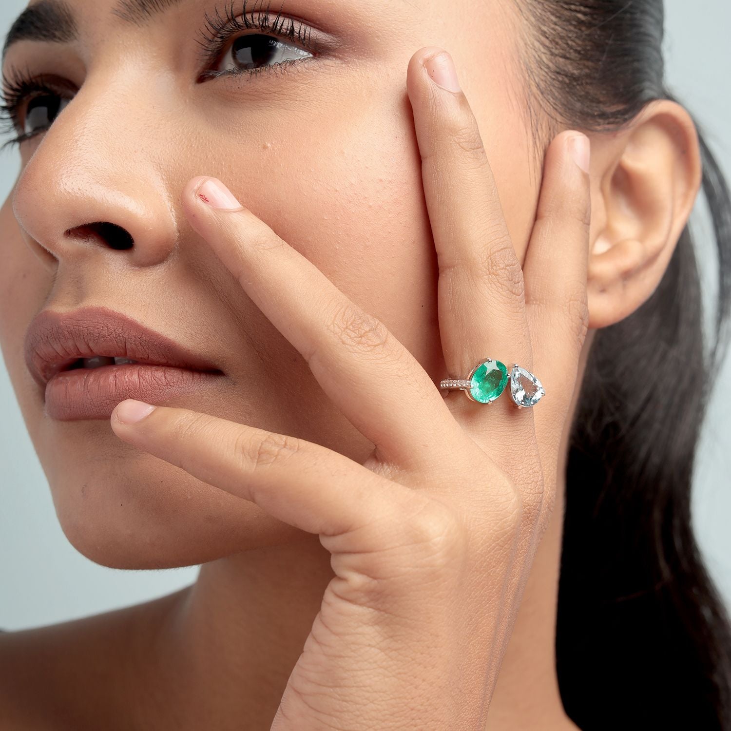 Aquamarine & Emerald Pave Diamond Bypass Ring In White Gold