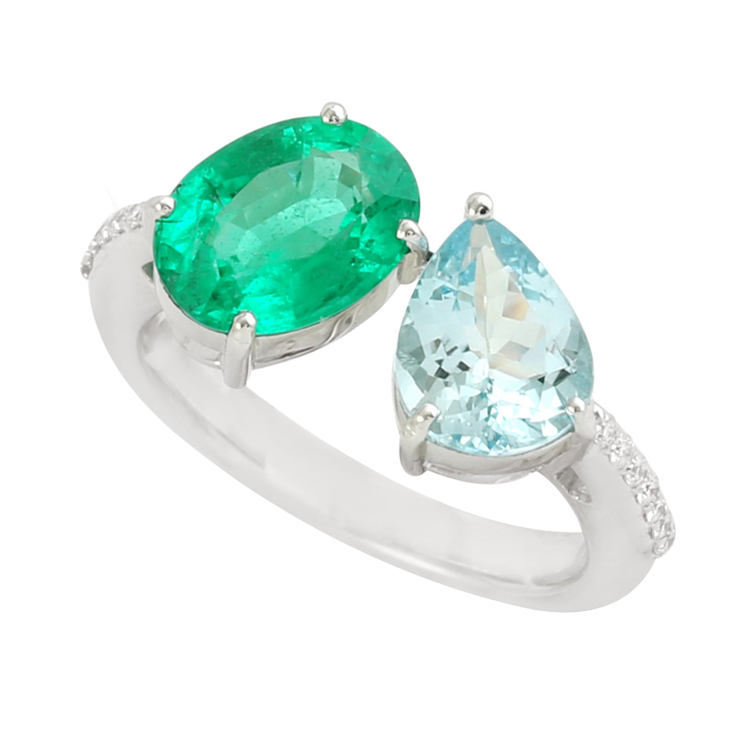 Aquamarine & Emerald Pave Diamond Bypass Ring In White Gold