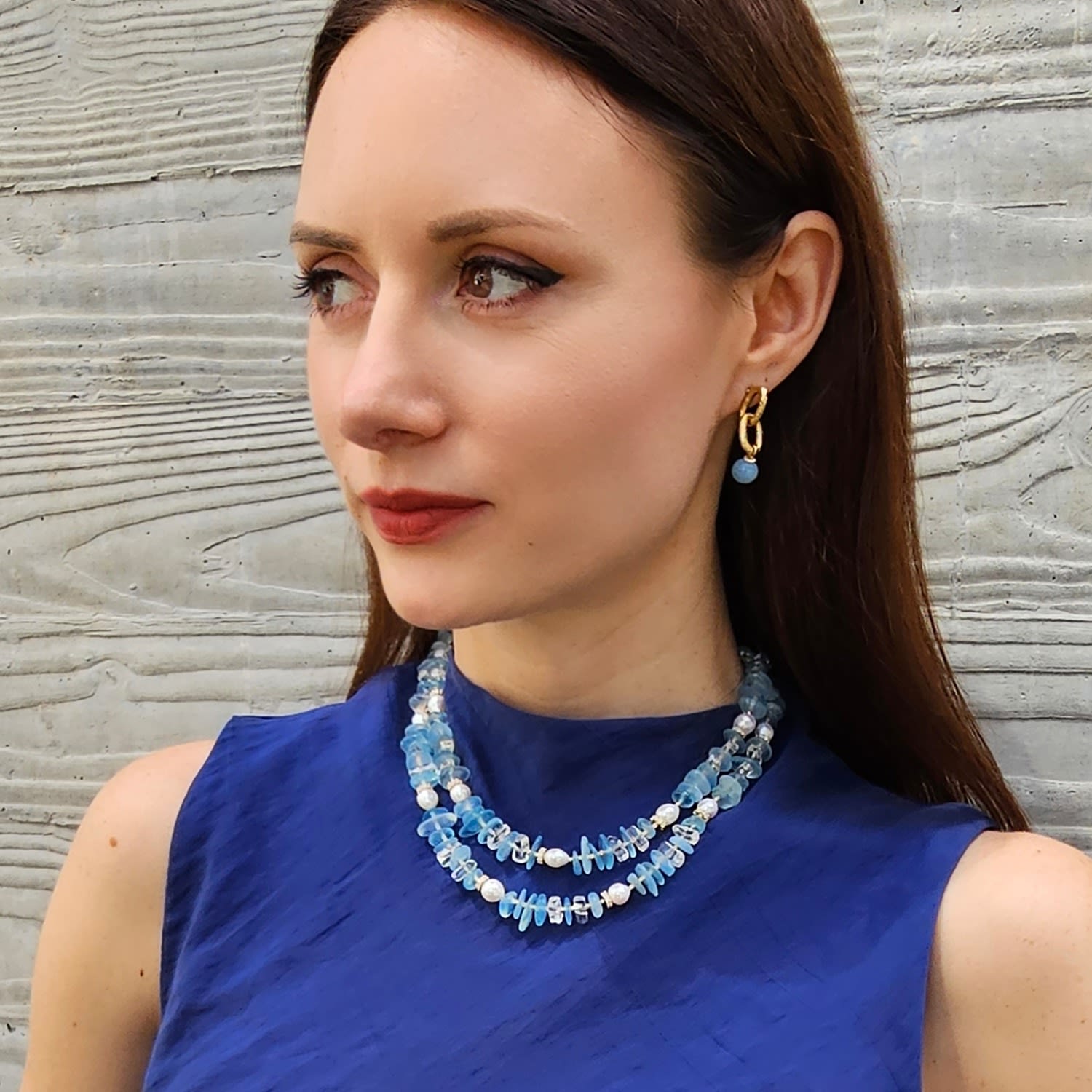 Aquamarine With Freshwater Pearls Double Layers Necklace