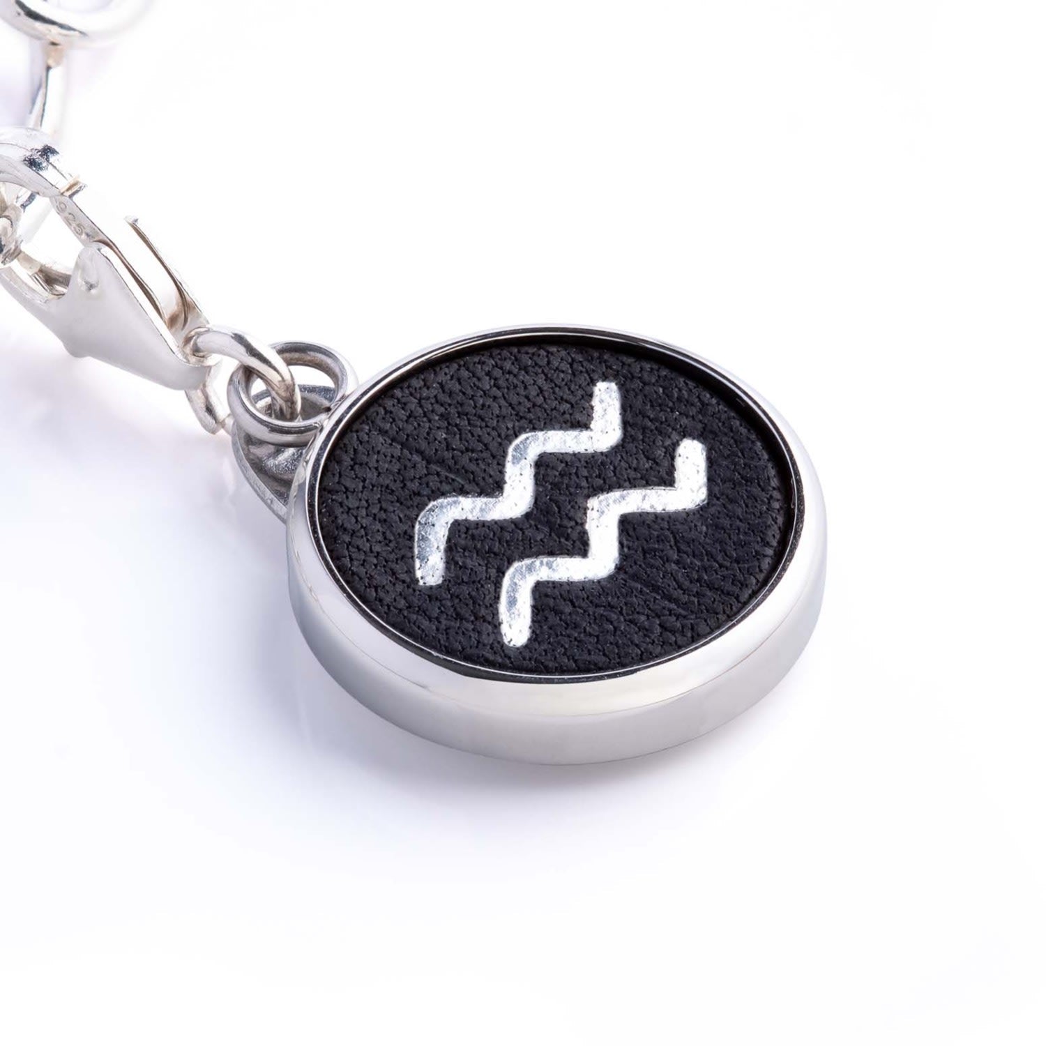 Aquarius Zodiac Sterling Silver & Leather Curb Bracelet