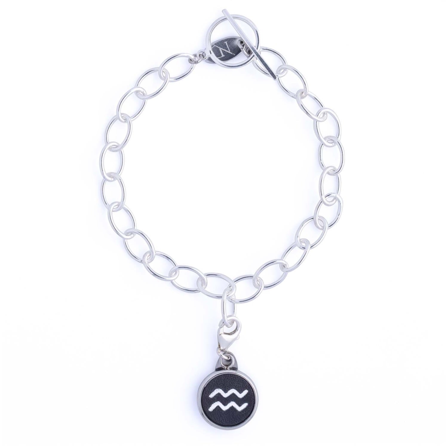 Aquarius Zodiac Sterling Silver & Leather Curb Bracelet