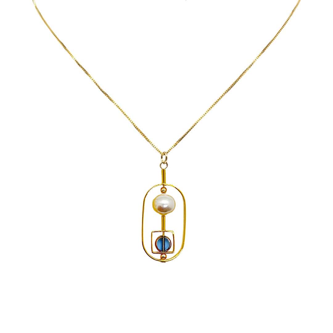 Small Blue Circle And Pearl Art Necklace