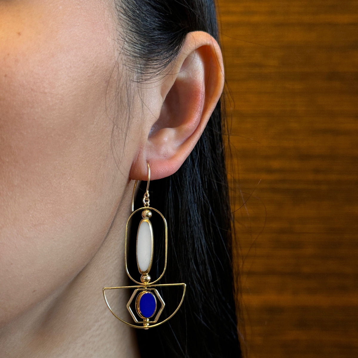 White Long Oval And Small Blue Oval Art Deco Earrings