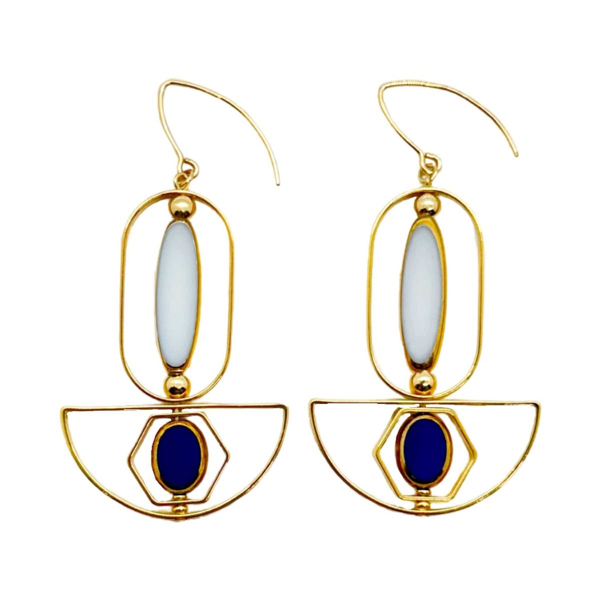 White Long Oval And Small Blue Oval Art Deco Earrings
