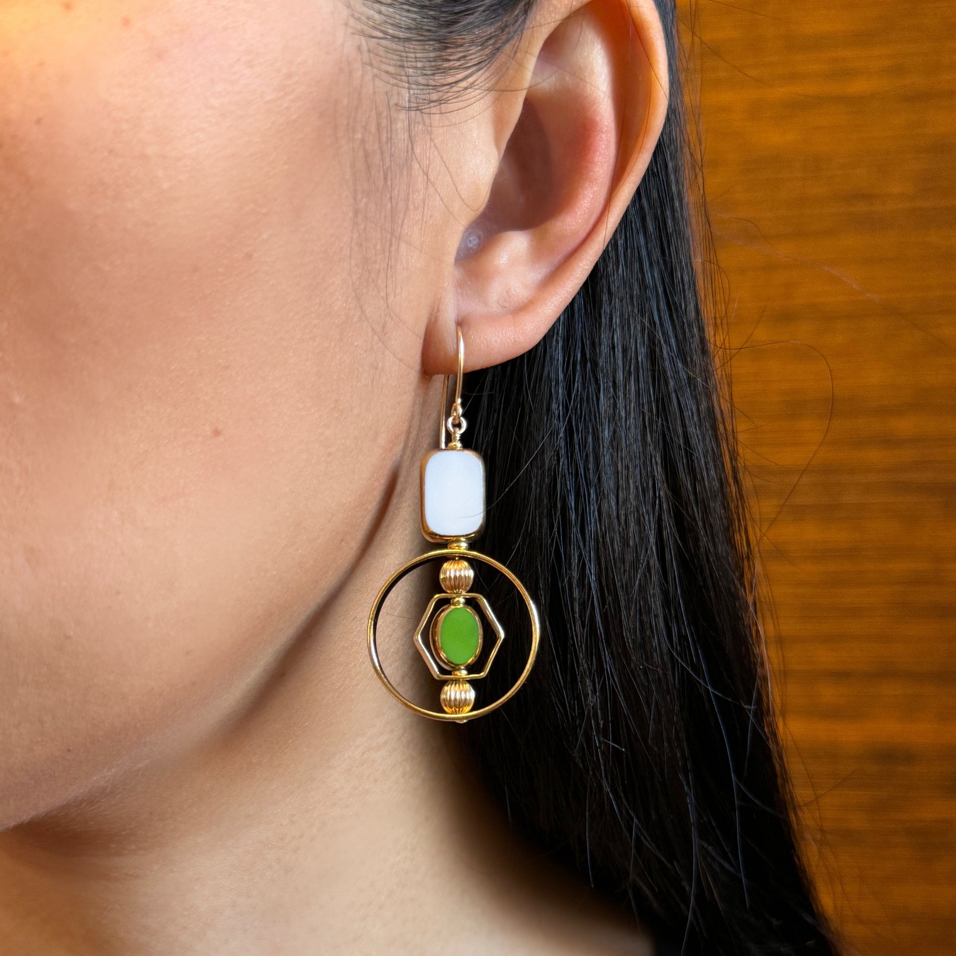 White Tile Shape And Small Green Oval Art Deco Earrings