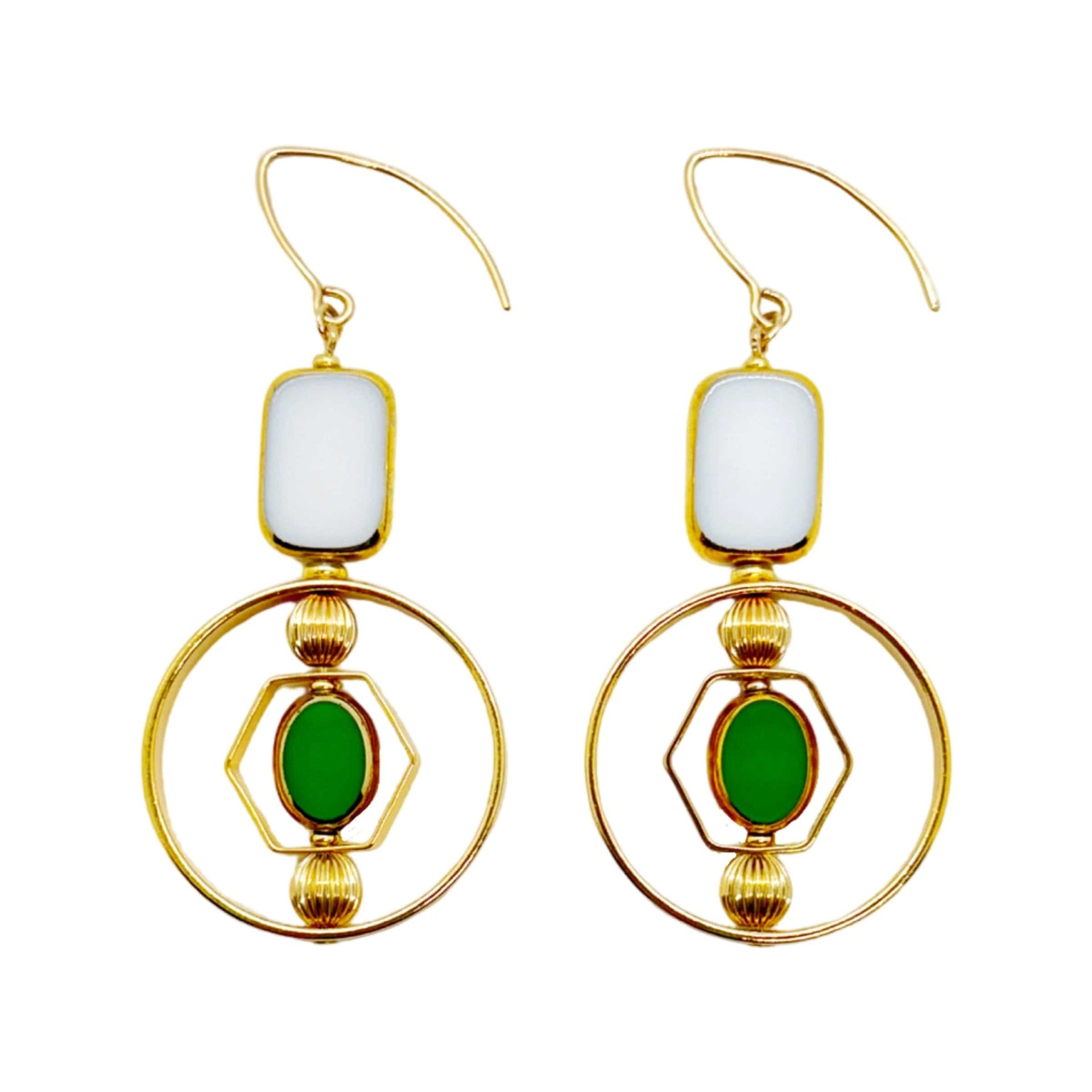 White Tile Shape And Small Green Oval Art Deco Earrings