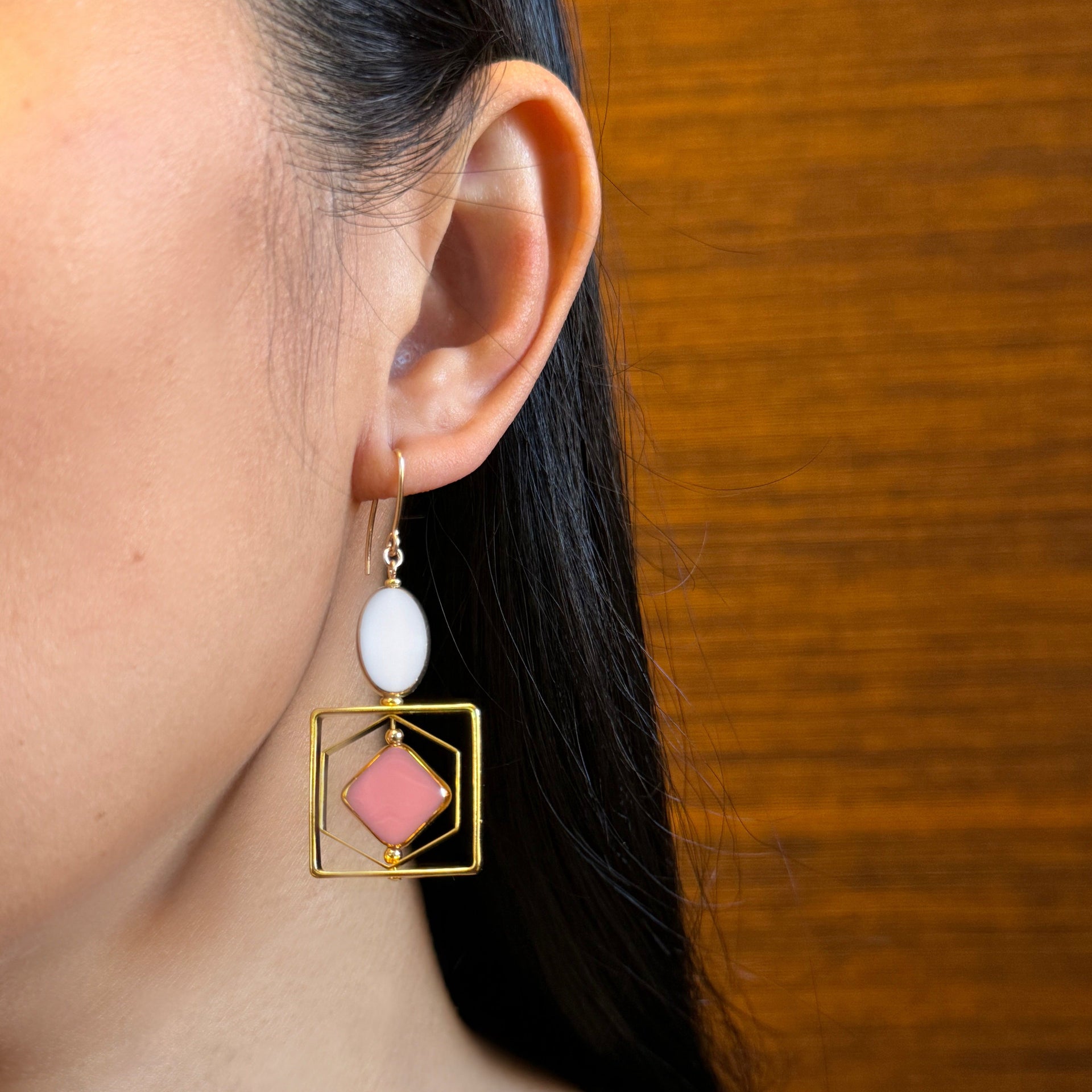 White And Pink Vintage German Glass Beads Art Deco Earrings