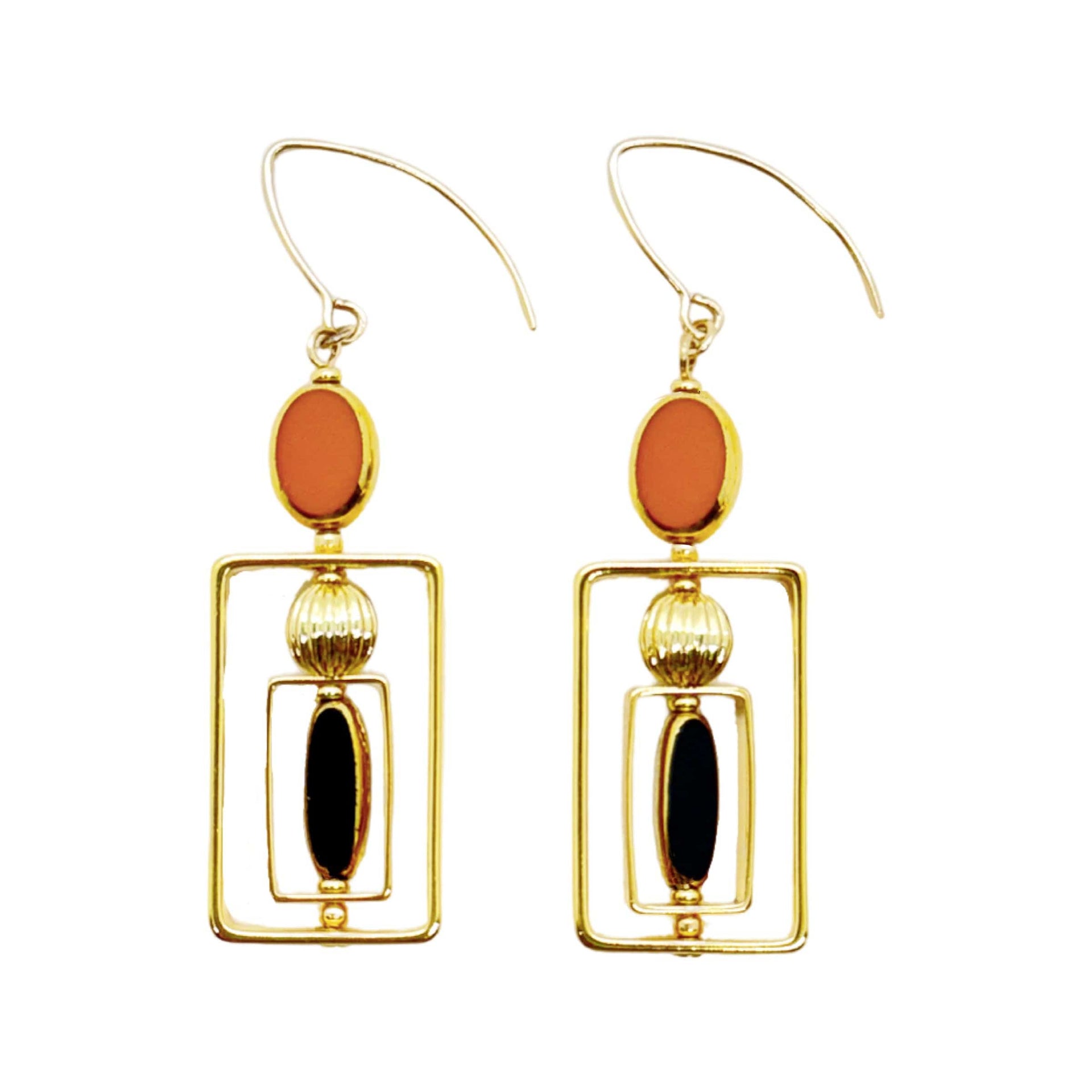 Black And Caramel Vintage German Glass Beads Art Deco Earrings