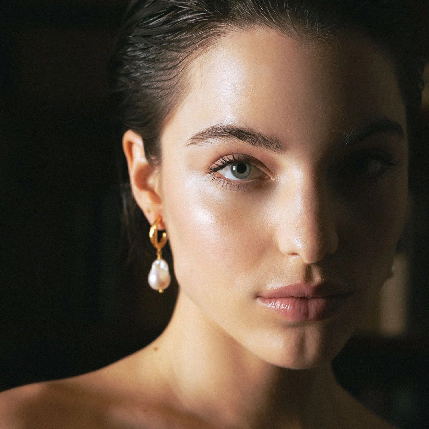 Archaic Baroque Pearl Hoop Earrings