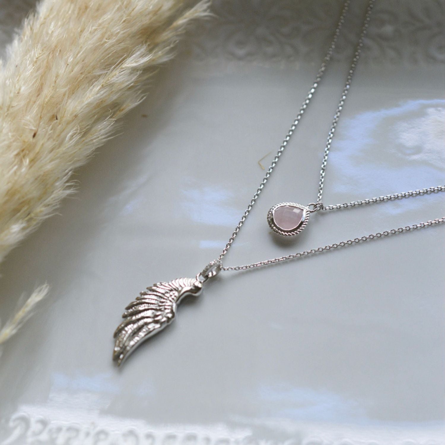 Archangel Chamuel, Angel Of Love Necklace, Rose Quartz, White Rhodium Over Sterling Silver