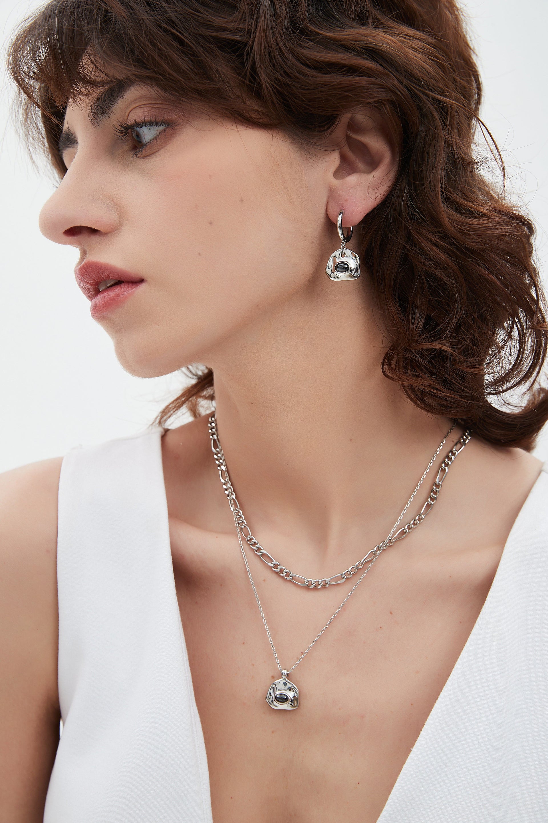 Aria Silver Gemstone Hoop Drop Earrings-Noir Black