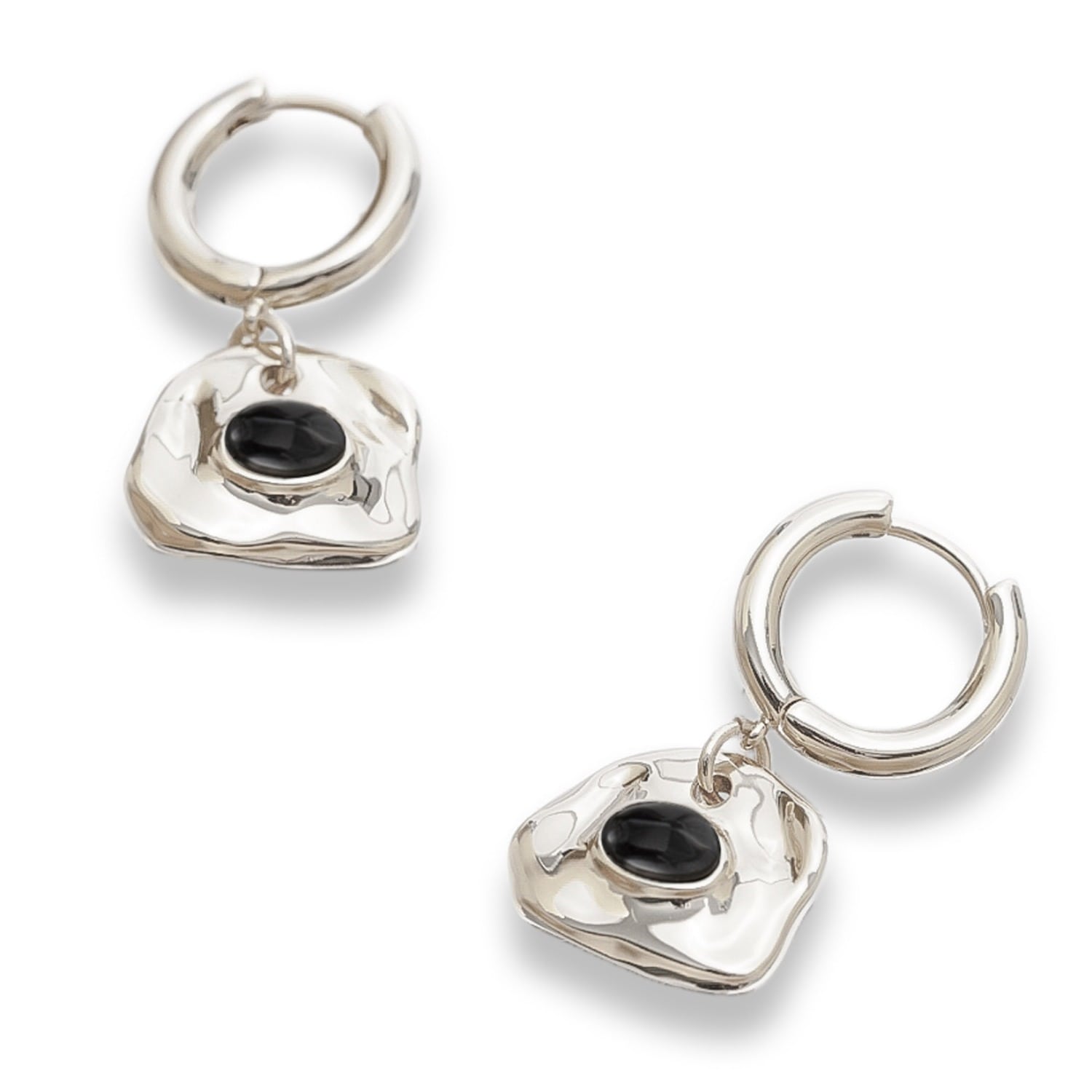 Aria Silver Gemstone Hoop Drop Earrings-Noir Black