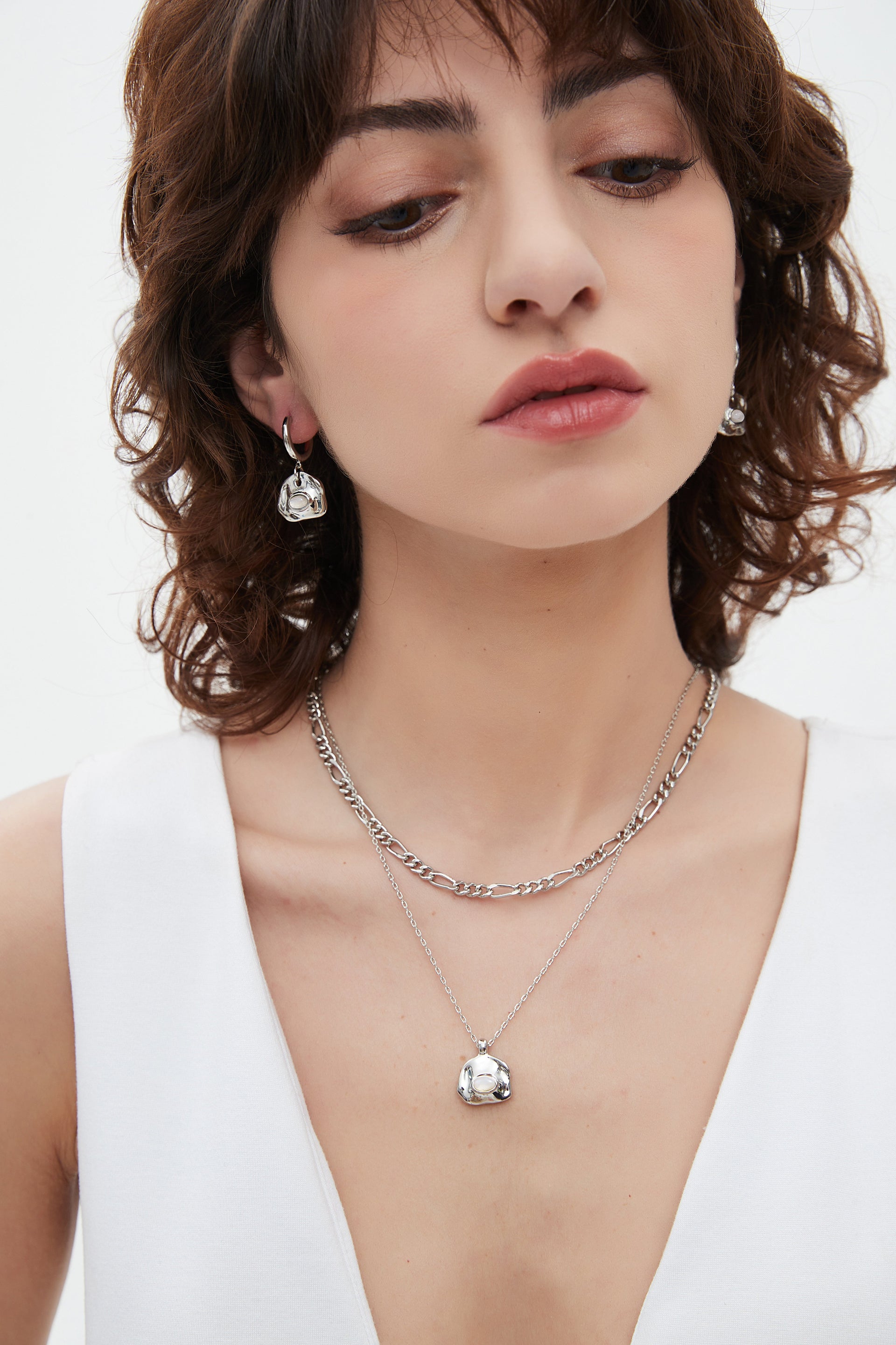 Aria Silver Gemstone Pendant Necklace Layer Set-Translucent White