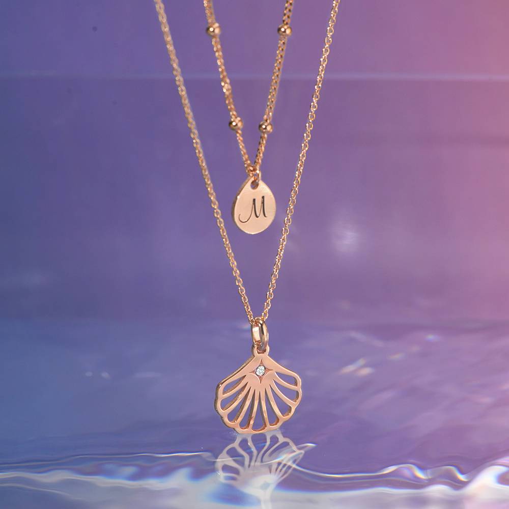 Ariel Shell Initial Necklace with Diamond in 18K Rose Gold Plating
