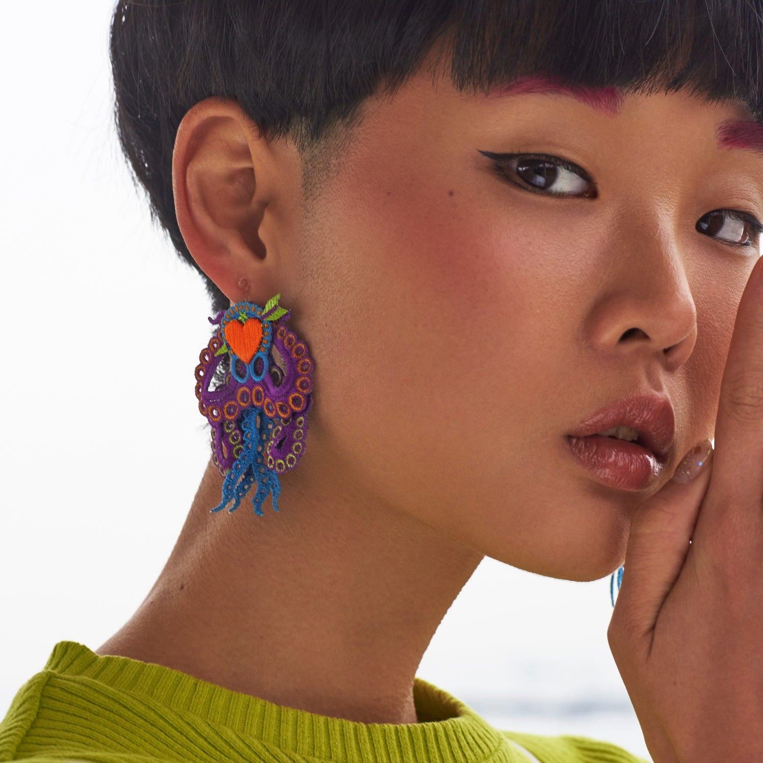 Arrow & Octopus Embroidery Earrings - Purple