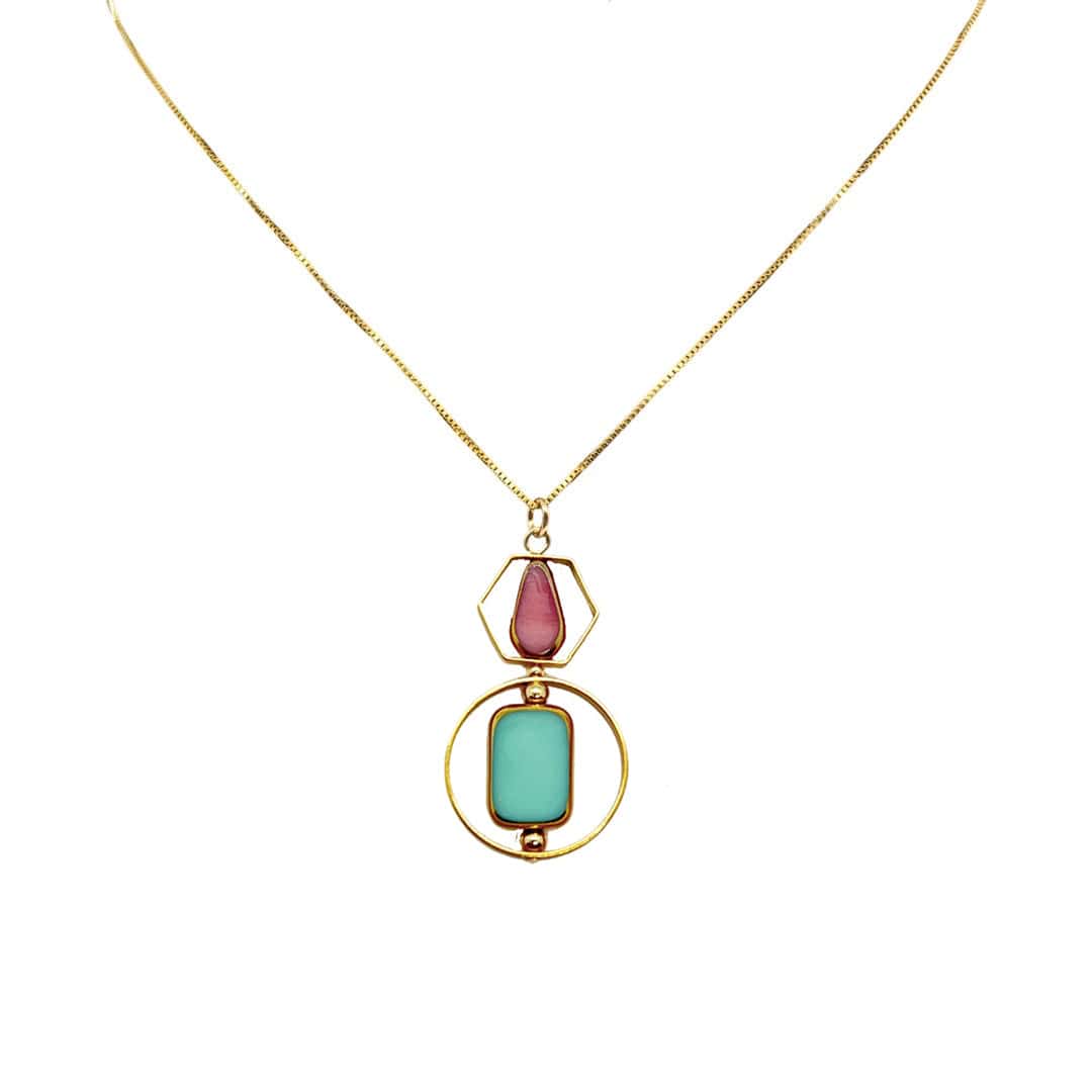 Geometric Art Pink And Paled Turquoise Chain Necklace