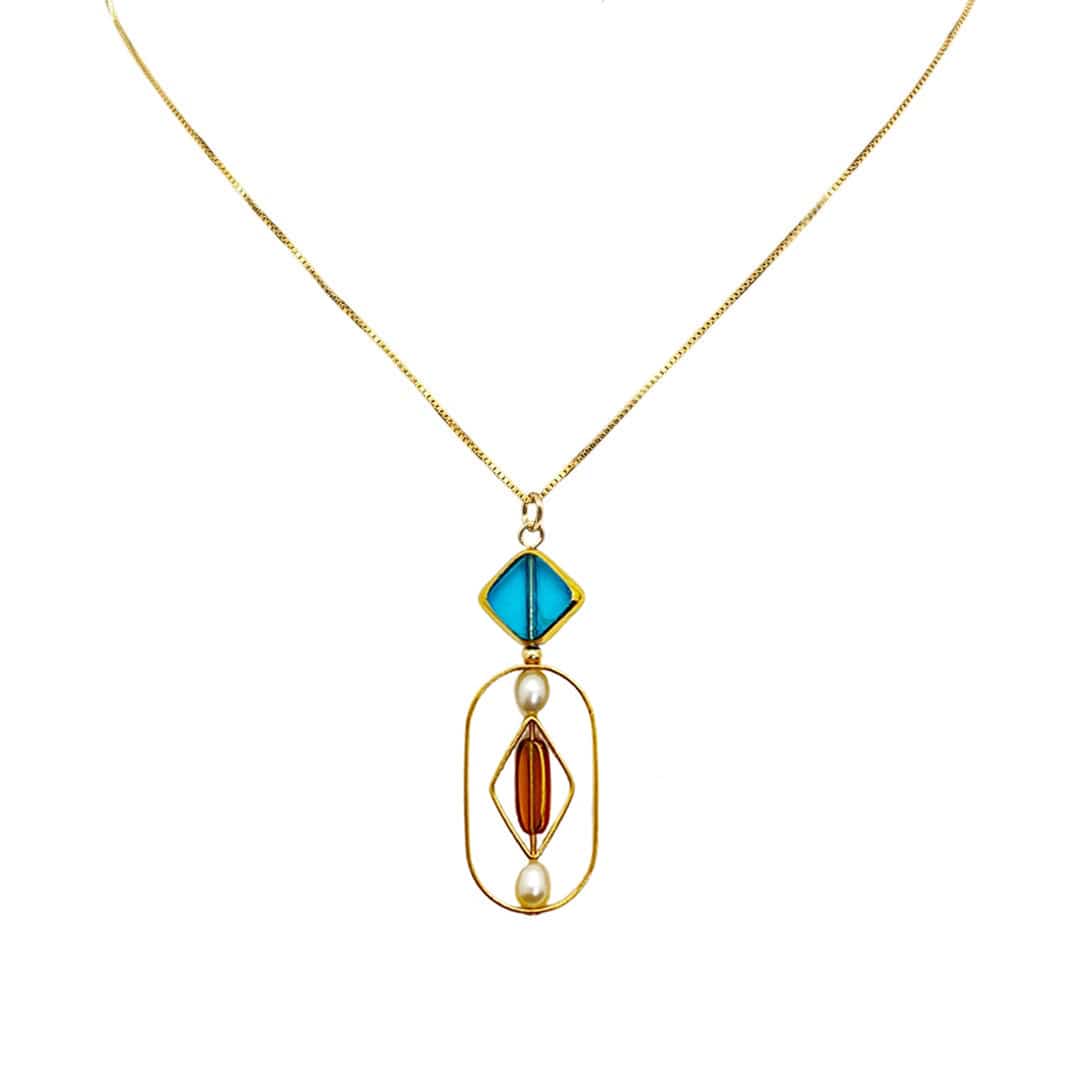 Geometric Art Blue X Pearls Chain Necklace