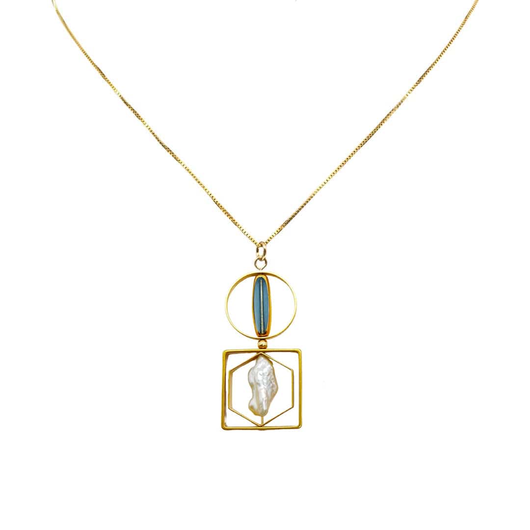 Geometric Art Grey Oblong X Pearl Chain Necklace