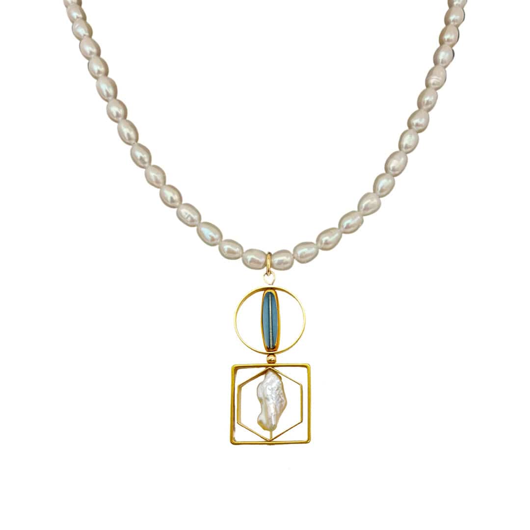 Geometric Art Grey Oblong X Pearls Necklace