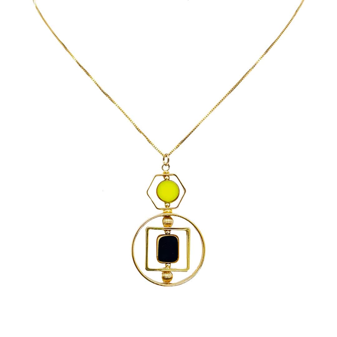 Black And Chartreuse Vintage German Glass Beads Art Deco Necklace