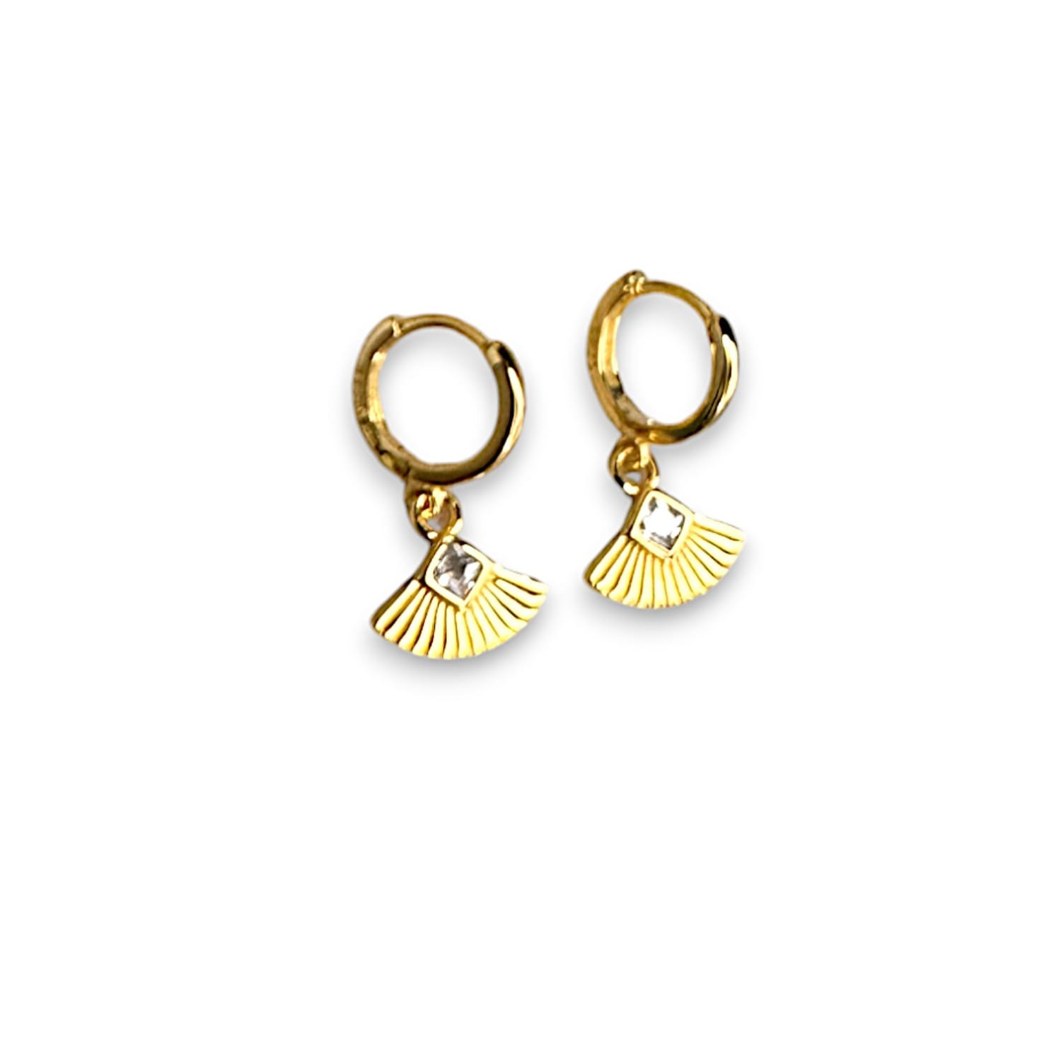 Art Deco Gemstone Fan Charm Huggie Earrings - Gold Plated