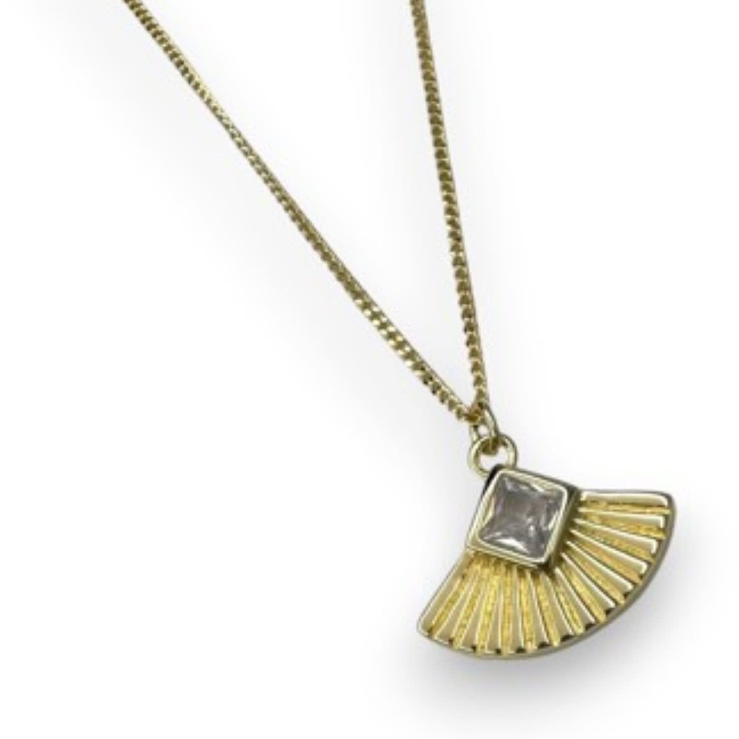 Art Deco Gemstone Fan Charm Pendant Necklace - Gold Plated