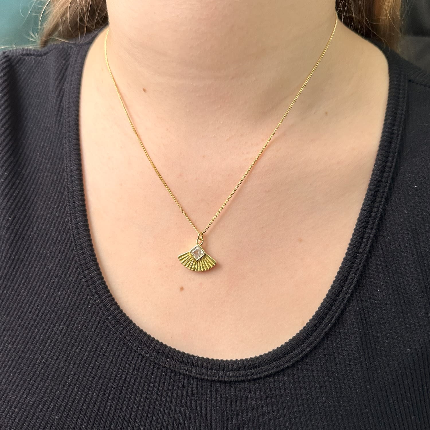 Art Deco Gemstone Fan Charm Pendant Necklace - Gold Plated