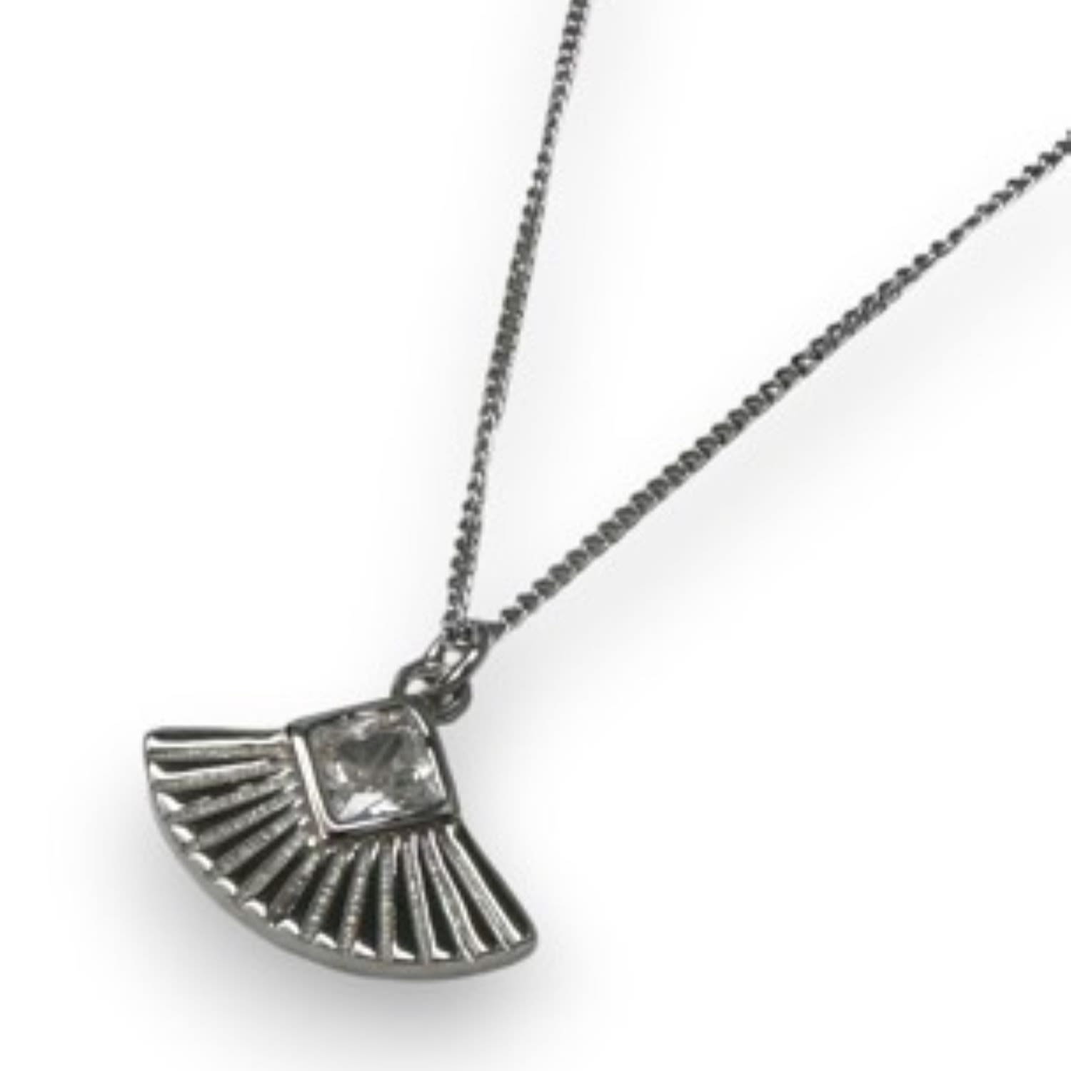 Art Deco Gemstone Fan Charm Pendant Necklace - Silver