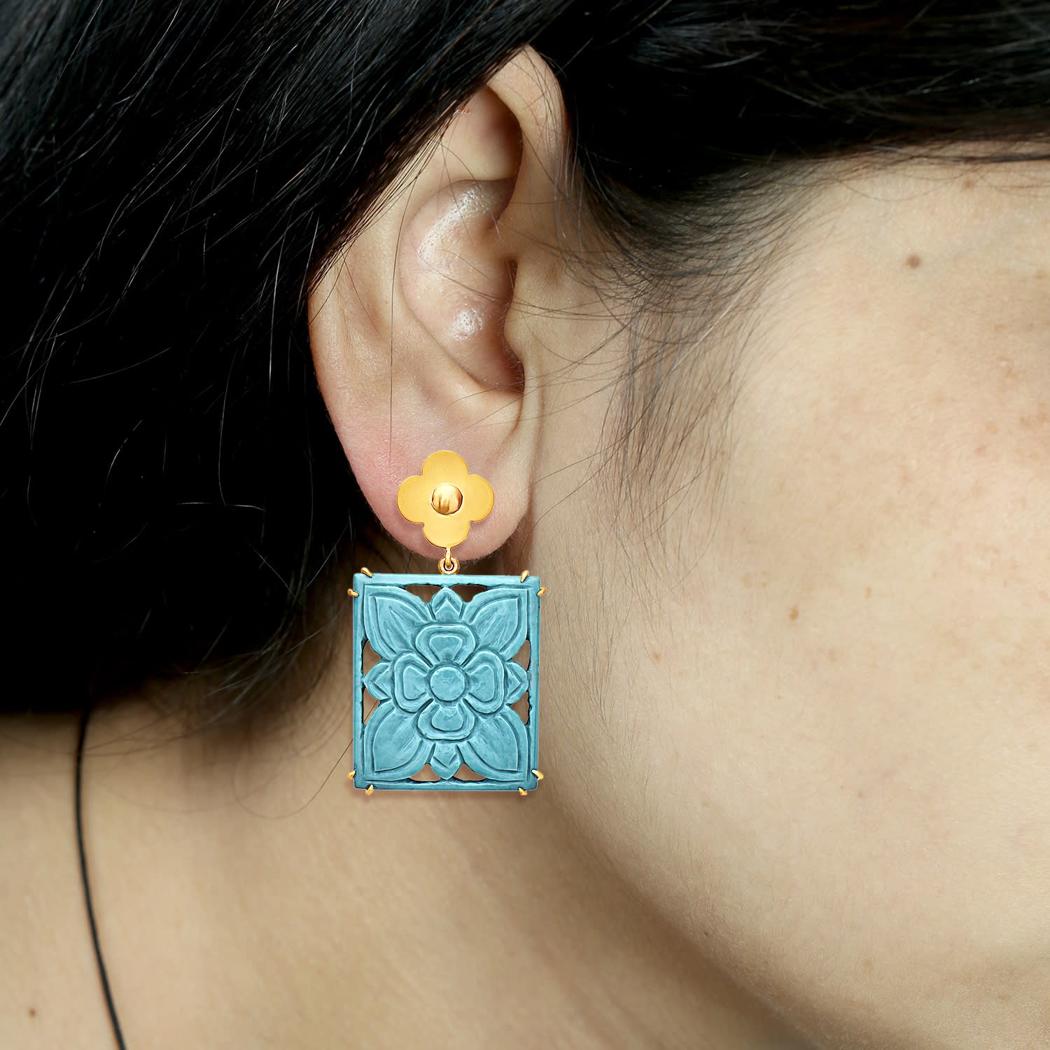 Artisan Carved Turquoise Gemstone Dangle Earrings In Gold
