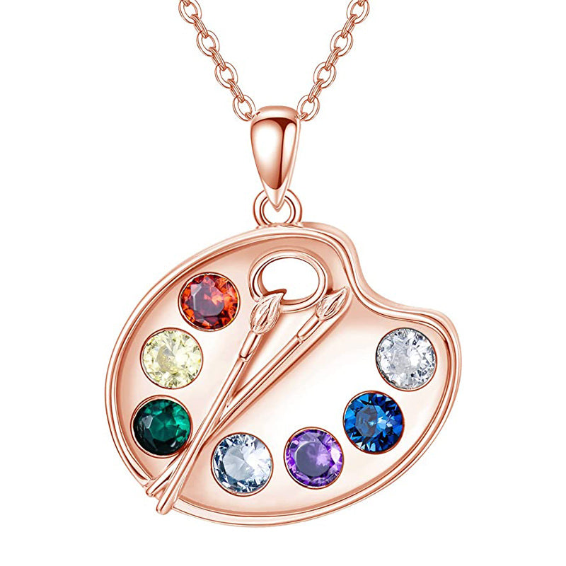 Sterling Silver With Rose Gold Plated Artist Paint Palette And Brush Necklace Pigment Necklace For Women