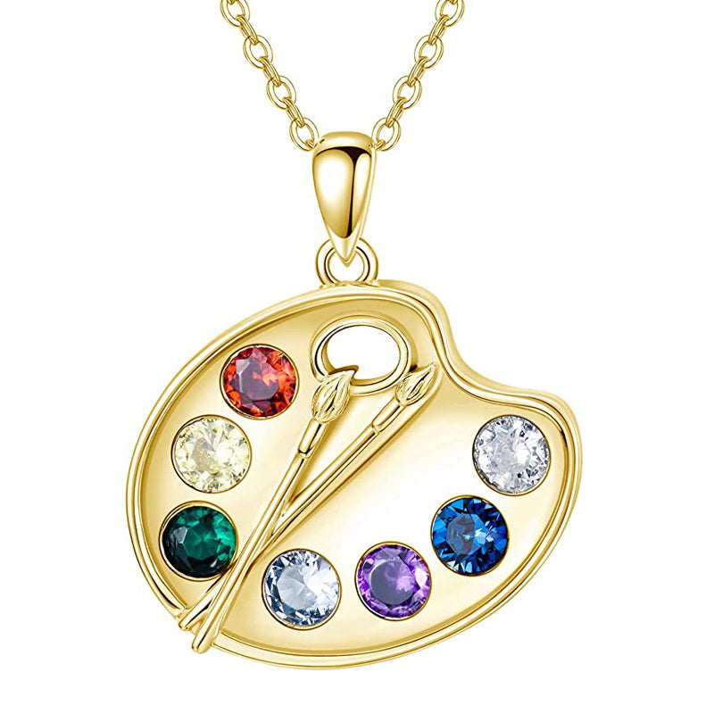 Sterling Silver With Rose Gold Plated Artist Paint Palette And Brush Necklace Pigment Necklace For Women