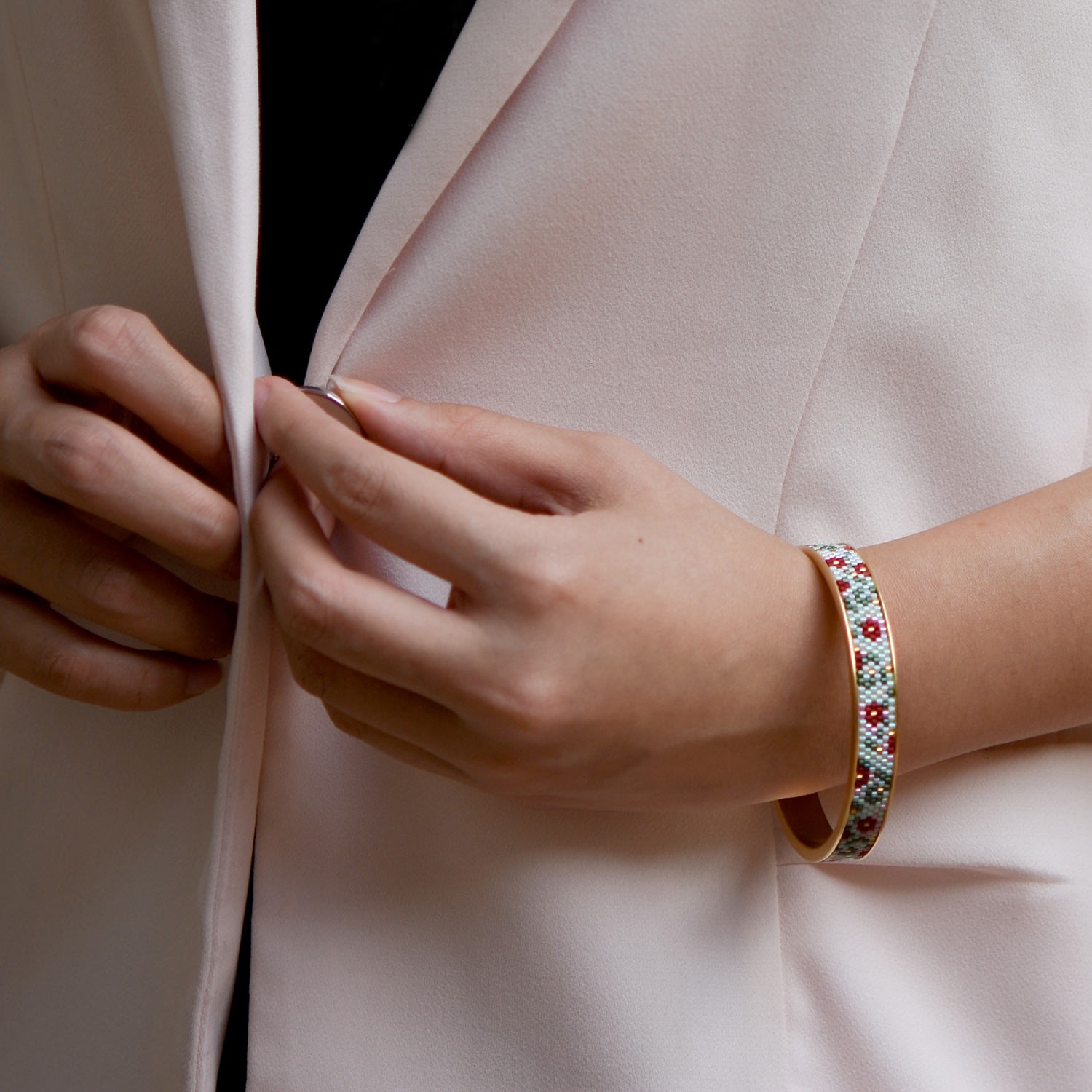 Modern Peranakan Gold Narrow Bangle - Vermilion