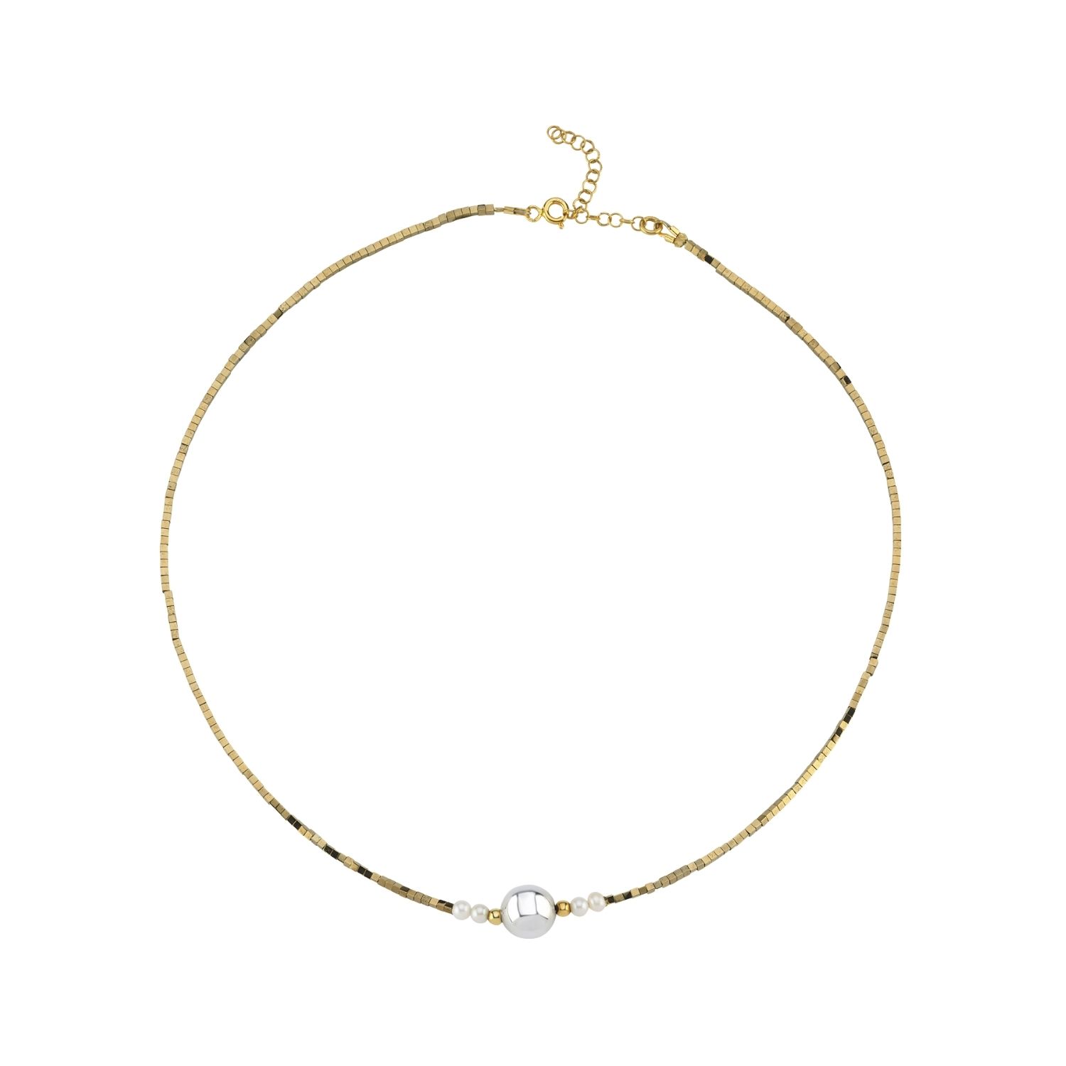 Asel Silver Ball Pearl Hematite Stone Necklace