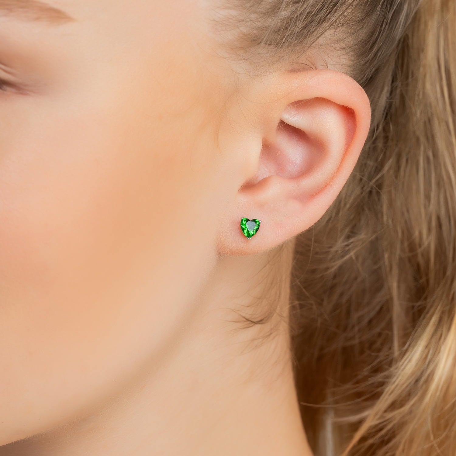 Asscher Cut Heart Stud Earrings Silver Emerald