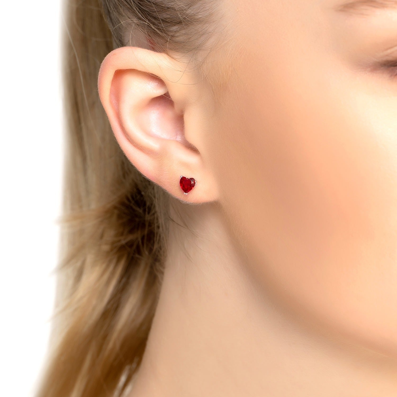 Asscher Cut Heart Stud Earrings Silver Ruby