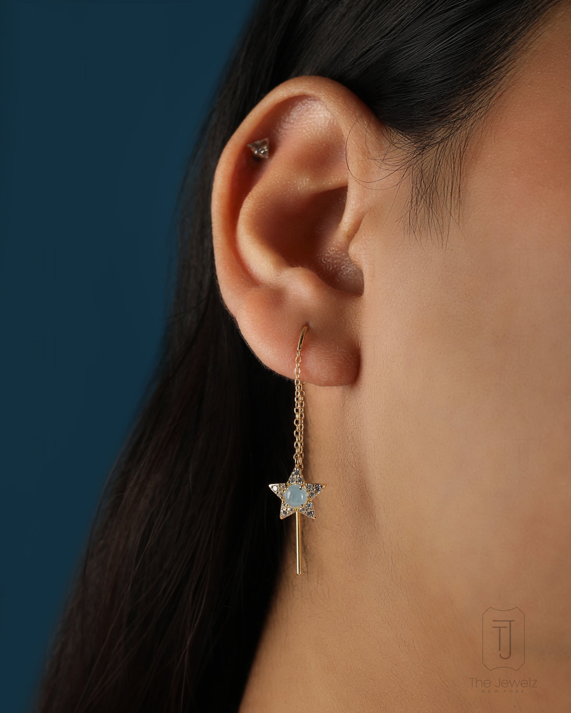 March Birthstone Astral Aura Aquamarine Threader Silver Earrings