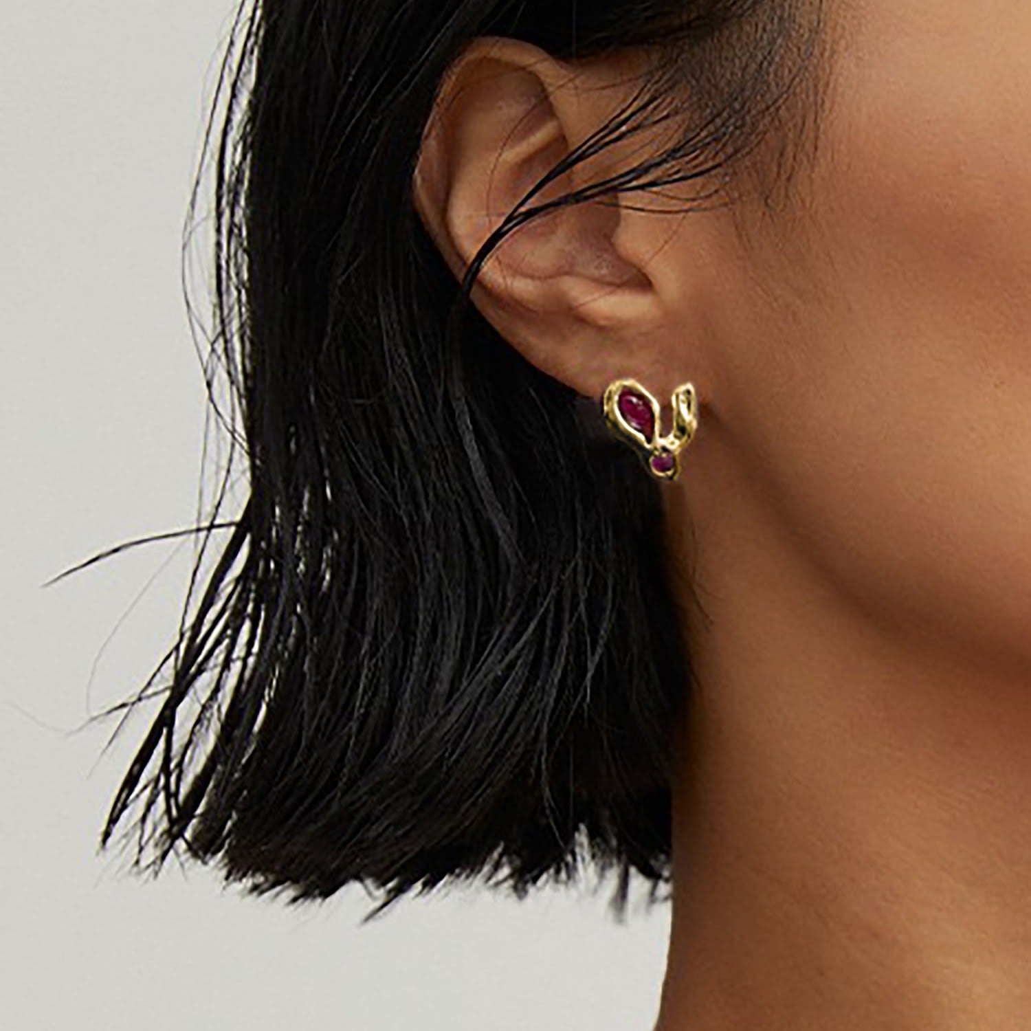 Asymmetric Gold Plated Sterling Silver Heart With Red Stone Earrings
