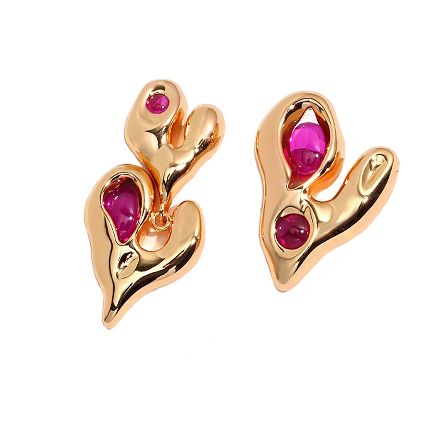 Asymmetric Gold Plated Sterling Silver Heart With Red Stone Earrings