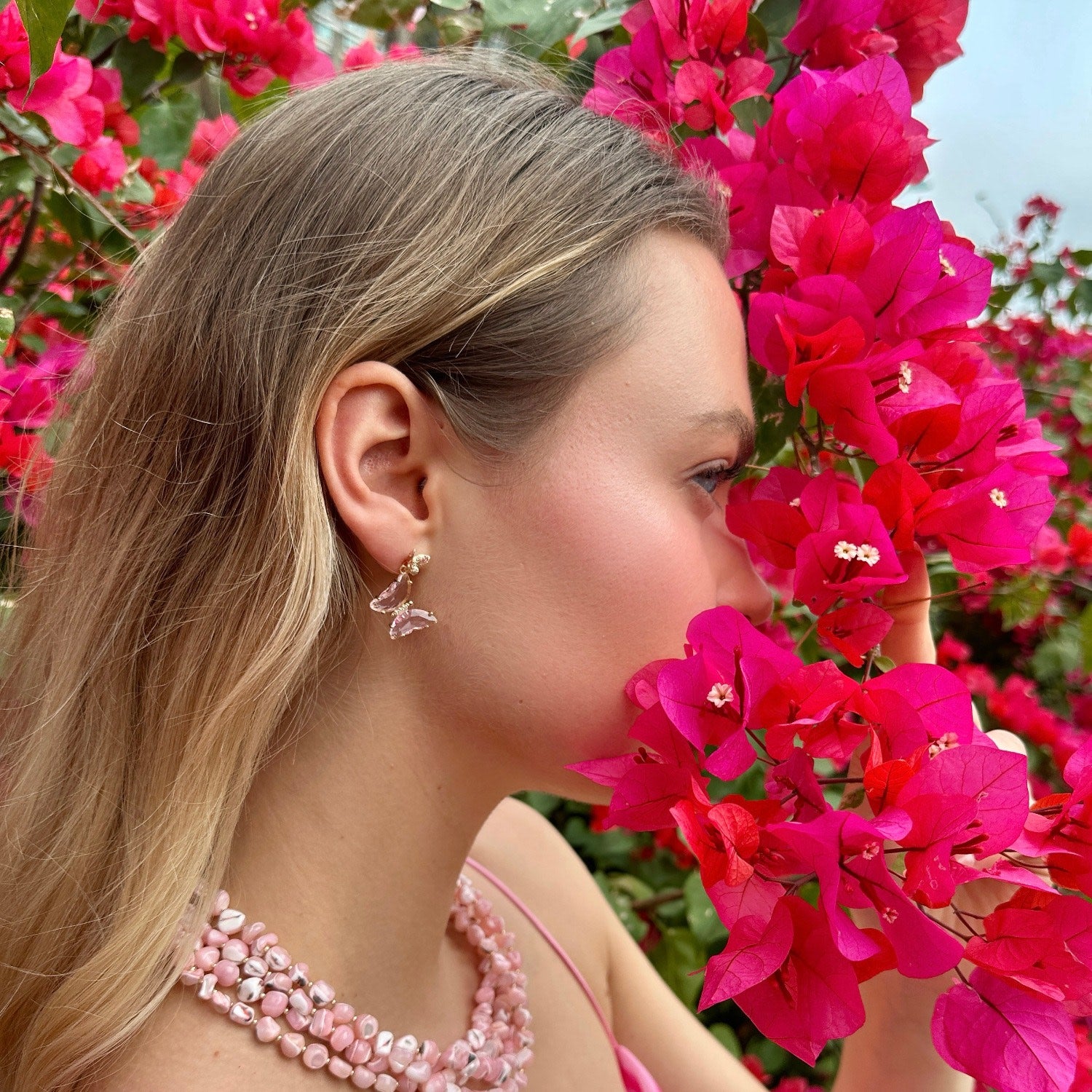 Asymmetric Pink Crystal Butterfly Earrings