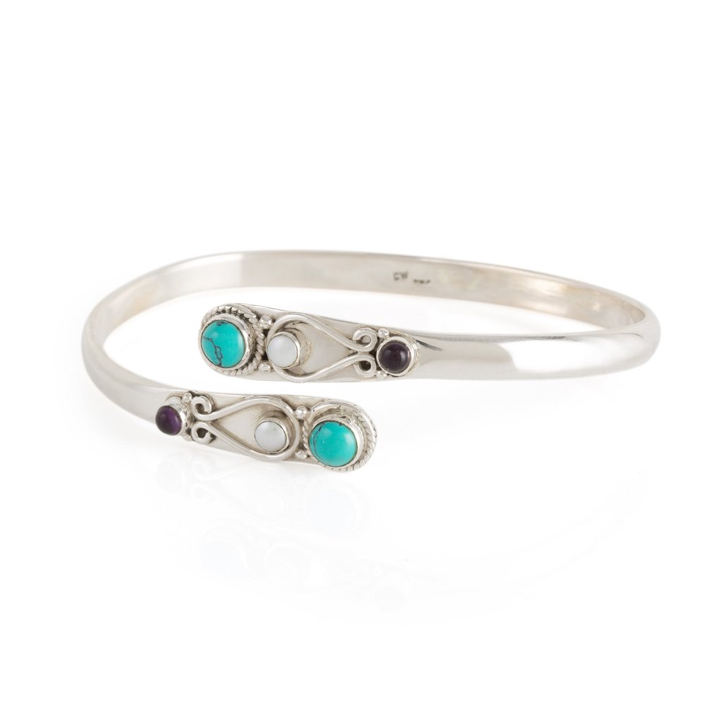 Sarisha Spirit Silver Adjustable Bangle - Turquoise, Pearl & Amethyst