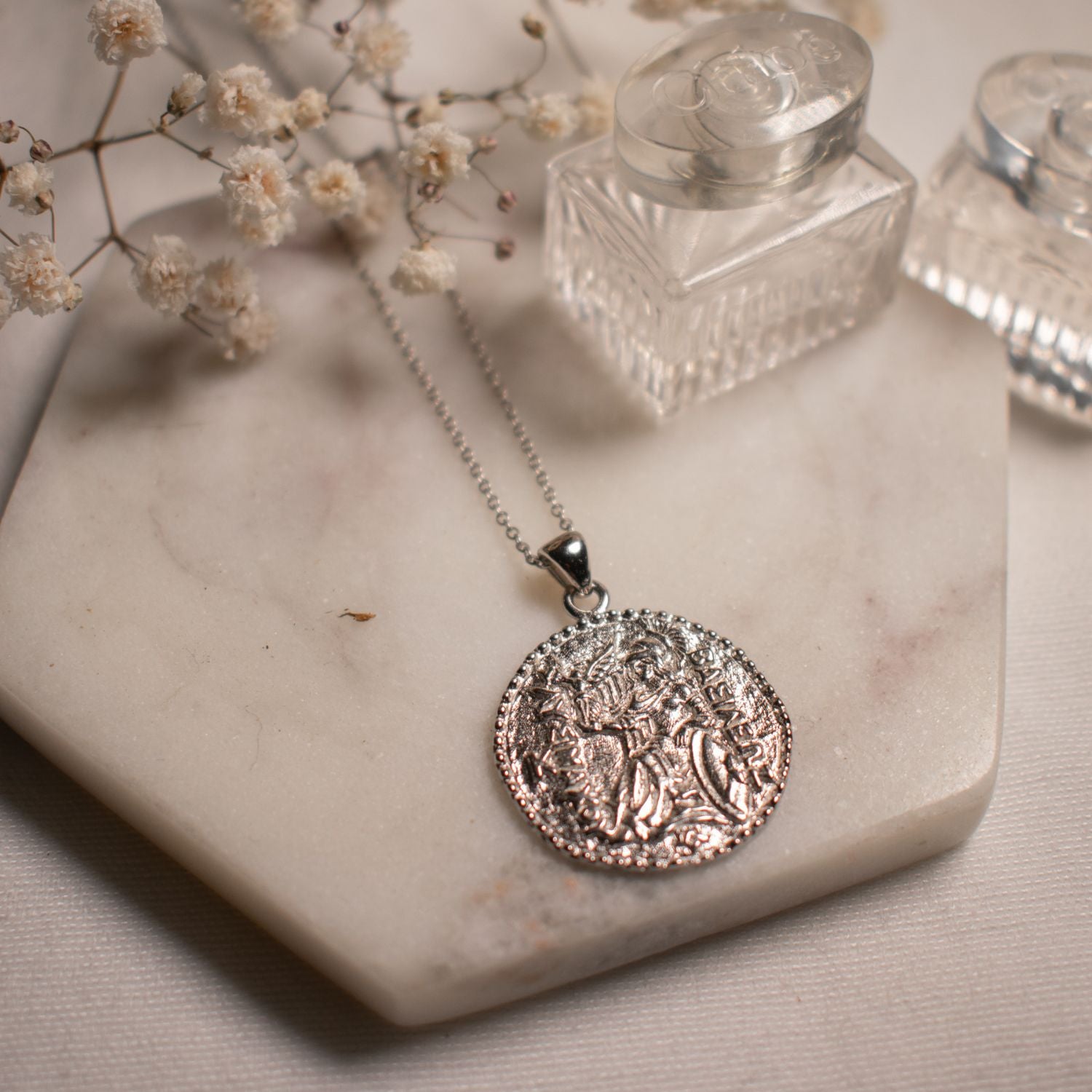 Athena Antique Coin Necklace, White Rhodium Over Sterling Silver