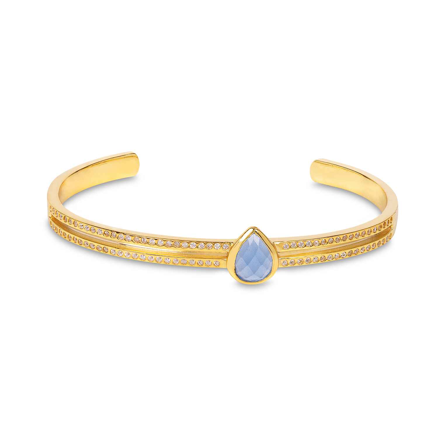 Athena Gold Cuff Bracelet With Blue Chalcedony And Sparkles