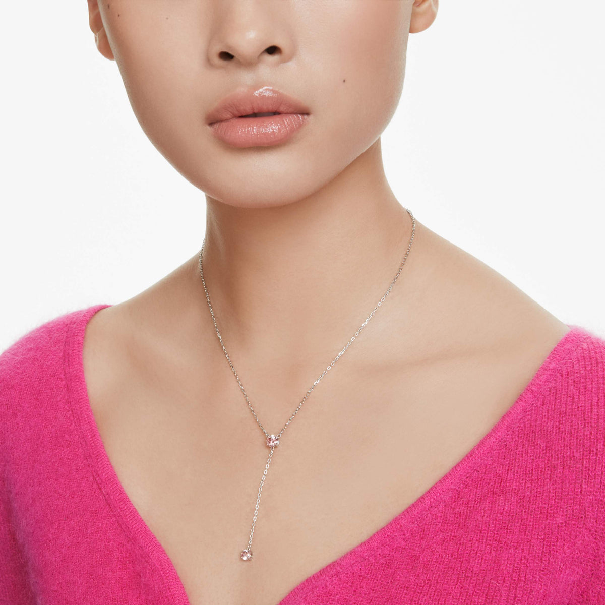 ATTRACT Y NECKLACE ROUND CUT PINK RHODIUM PLATED