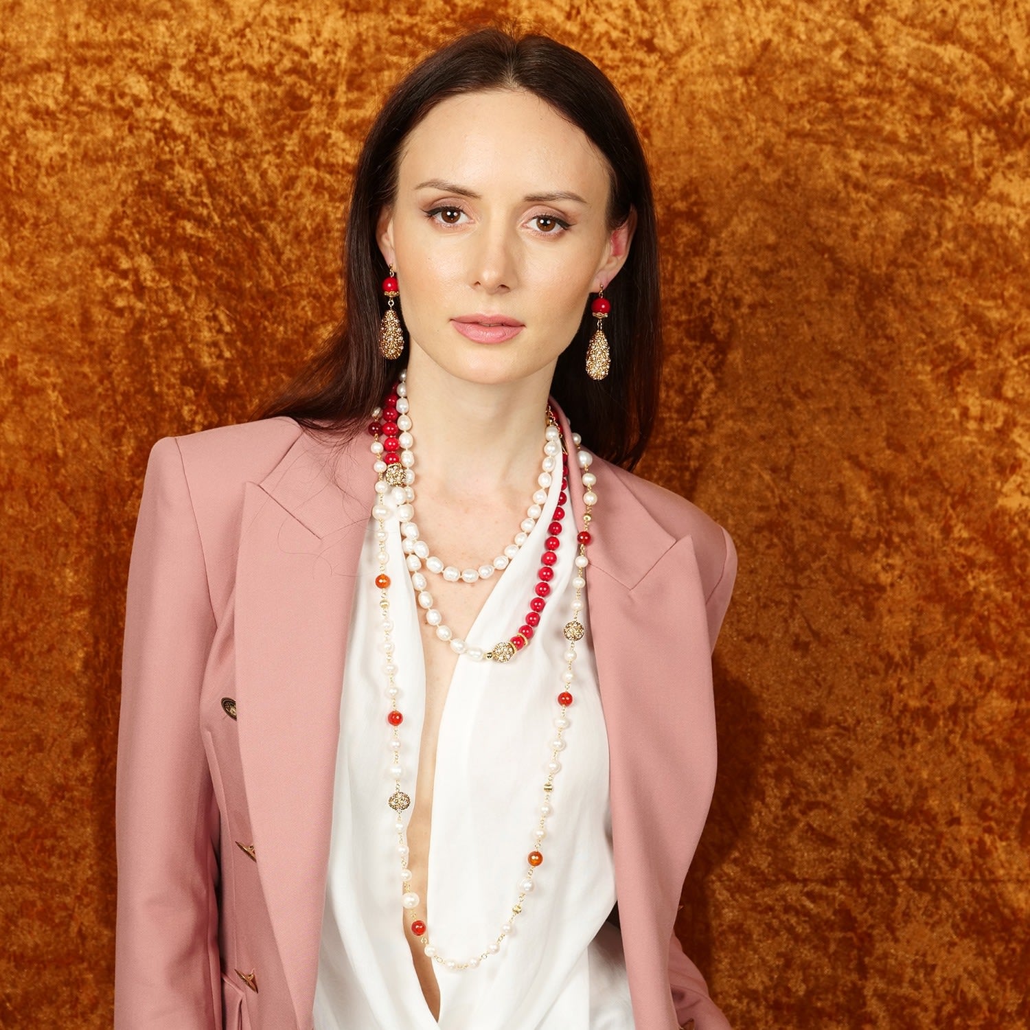 Red Coral With Teardrop Rhinestones Statement Earrings