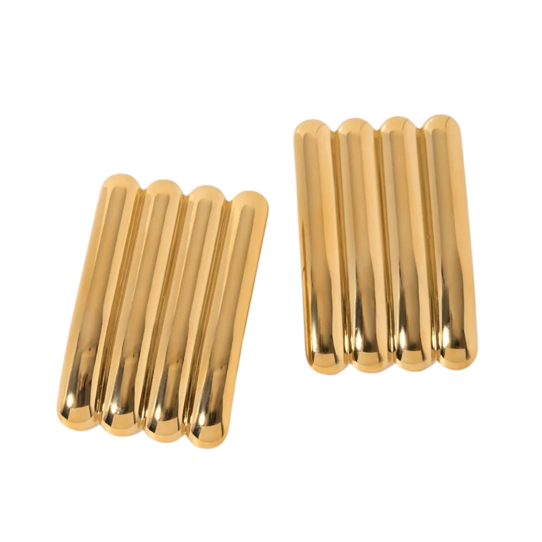 Large Rectangle Ribbed Gold Earrings